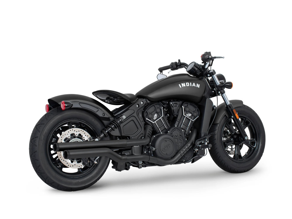 2.5in. Slip-On Mufflers - Black with Black Straight End Caps. Fits Indian Scout 2015-2024 FREEDOM PERFORMANCE EXHAUST