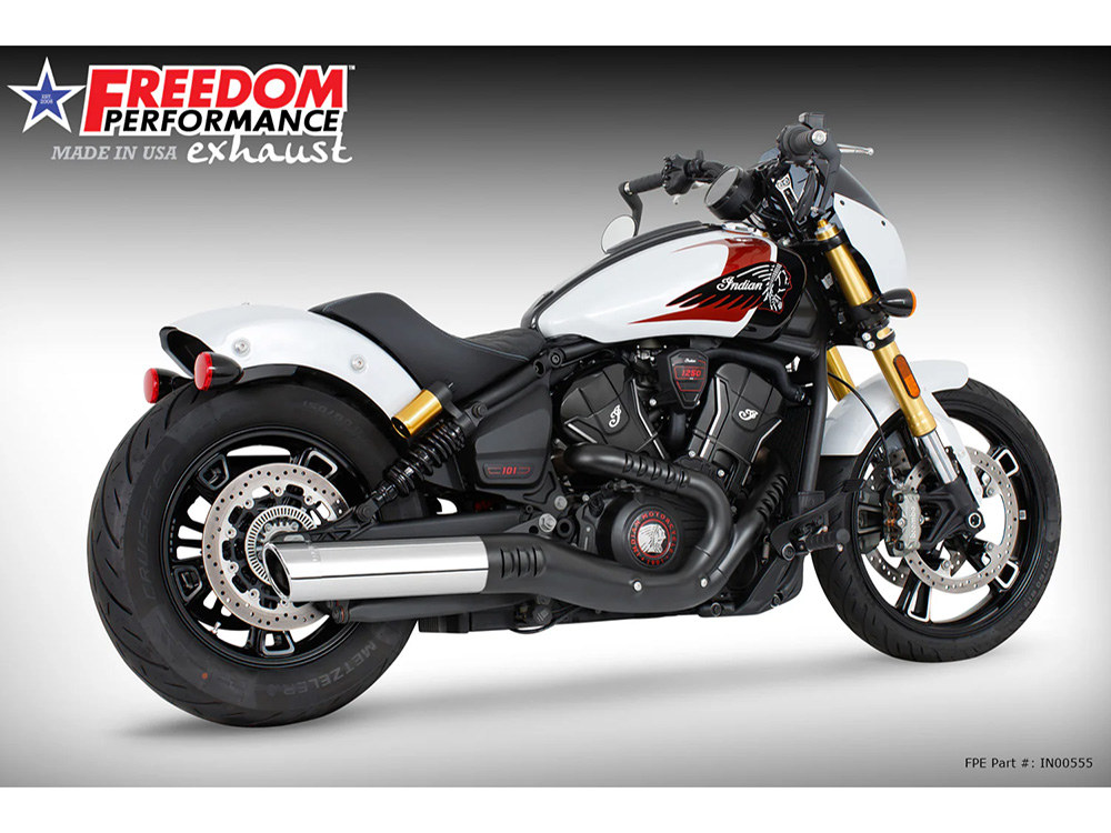 4in. Slip-On Muffler - Chrome with Chrome End Cap. Fits Indian Scout 2025up FREEDOM PERFORMANCE EXHAUST