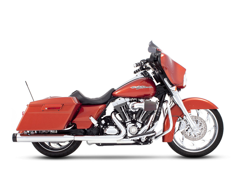 4in. Slip-On Mufflers - Chrome with Black End Caps. Fits Touring 1995-2016 & Trike 2017-2020. RINEHART EXHAUST