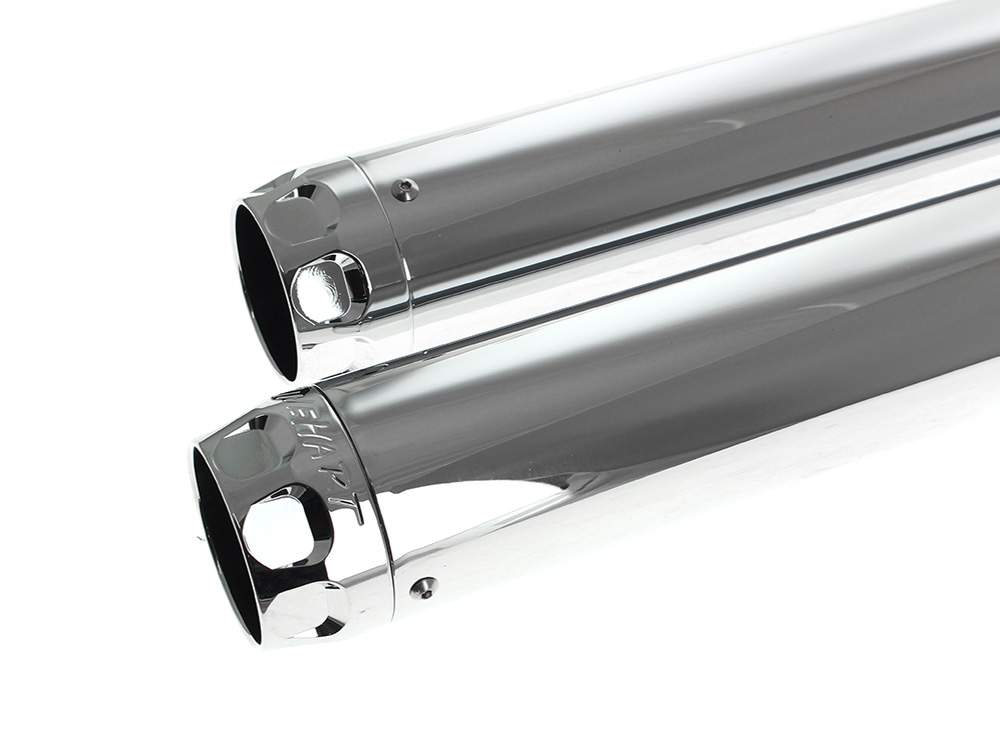 3in. Slip-On Mufflers - Chrome with Chrome Scalloped End Caps. Fits Softail Deuce 2007 & Fat Boy 2007-2017 RINEHART EXHAUST - Image 2