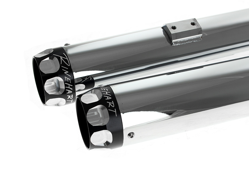 3in. Slip-On Mufflers - Chrome with Black Scalloped End Caps. Fits Softail Deuce 2007 & Fat Boy 2007-2017 RINEHART EXHAUST - Image 2
