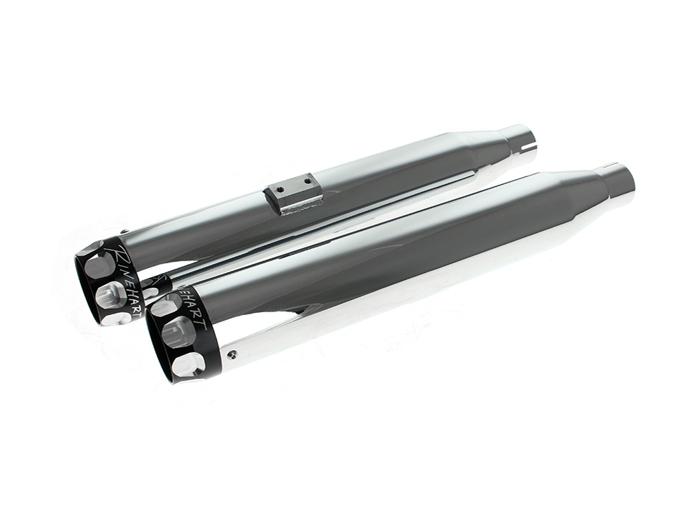 3in. Slip-On Mufflers - Chrome with Black Scalloped End Caps. Fits Softail Deuce 2007 & Fat Boy 2007-2017 RINEHART EXHAUST
