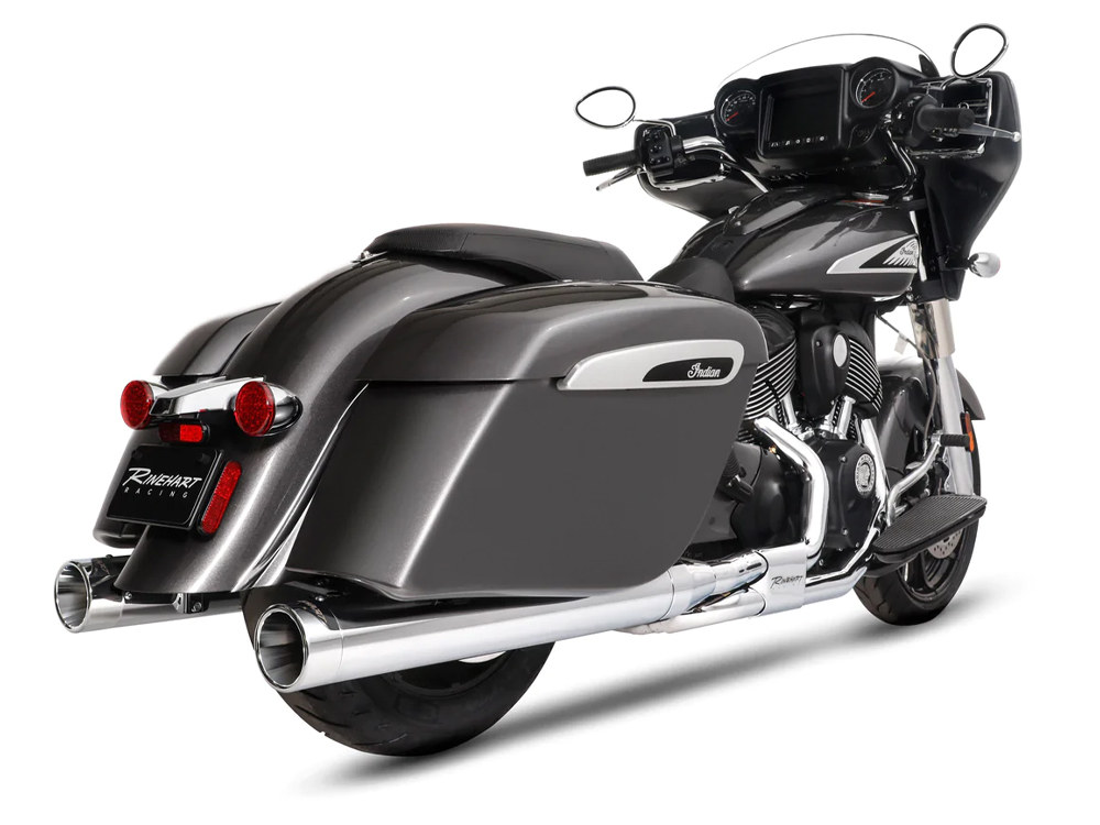 4in. DBX40 Slip-On Mufflers - Chrome with Chrome End Caps. Fits Indian Big Twin 2014up with Hard Saddle Bags. RINEHART EXHAUST