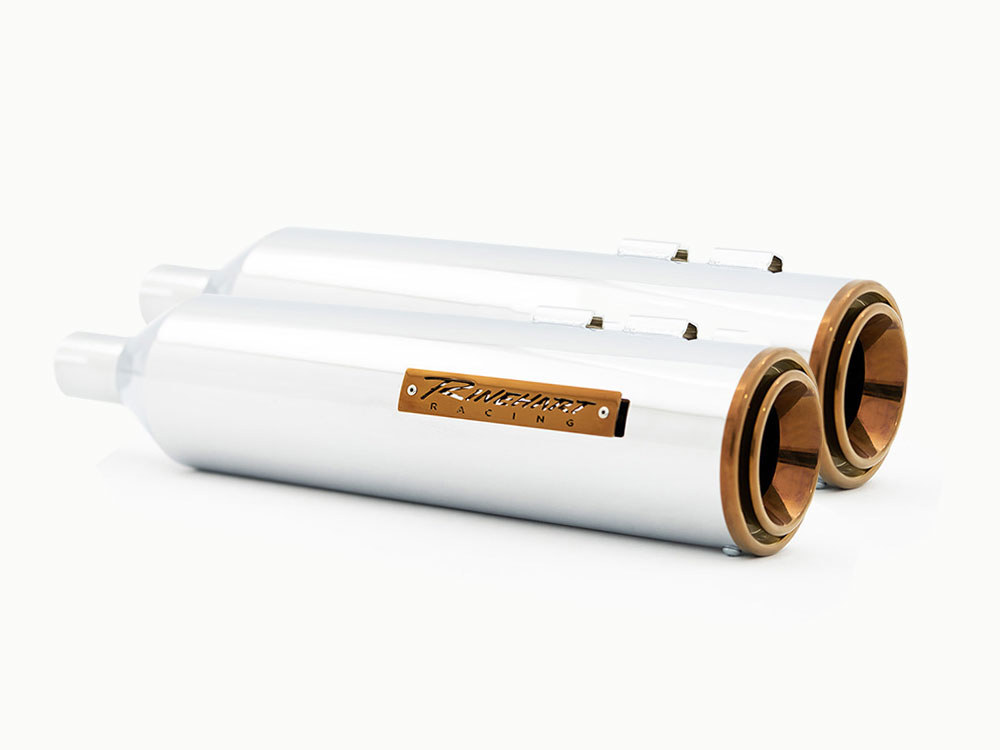 4-1/2in. HP45 Slip-On Short Race Inspired Mufflers - Chrome with Bourbon End Caps. Fits Touring 2017up. RINEHART EXHAUST