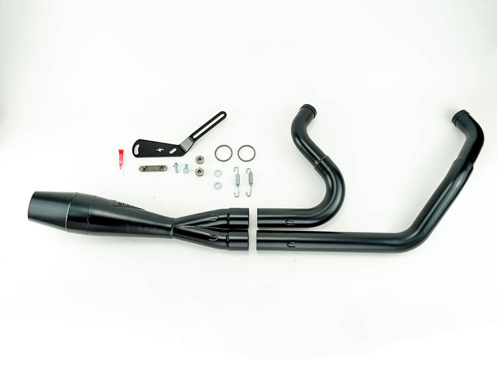 Shorty 2-into-1 Exhaust with Welded End Cap - Black. Fits Softail 2018up with 240 Rear Tyre. Sawicki Speed