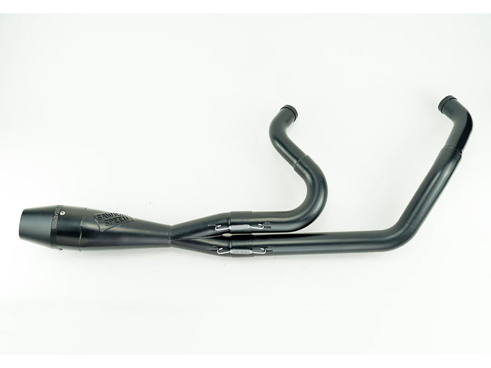 Shorty 2-into-1 Exhaust with Billet End Cap - Black. Fits Softail 2018up with 240 Rear Tyre. Sawicki Speed