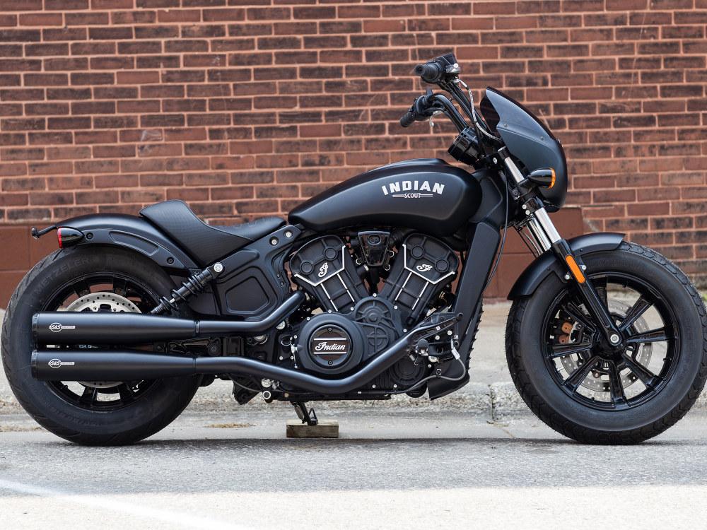 4in. Grand National Slip-On Mufflers - Black with Black End Caps. Fits Indian Scout 2015-2024 S&S