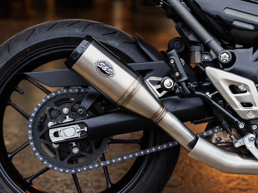 4in. Grand National Slip-On Muffler - Stainless Steel with Black End Cap. Fits Triumph Speed 400 & Scrambler 400X 2024up S&S - Image 3