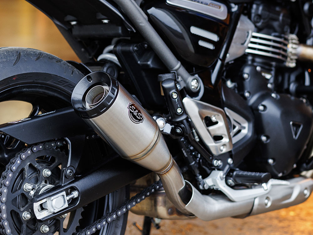 4in. Grand National Slip-On Muffler - Stainless Steel with Black End Cap. Fits Triumph Speed 400 & Scrambler 400X 2024up S&S - Image 4