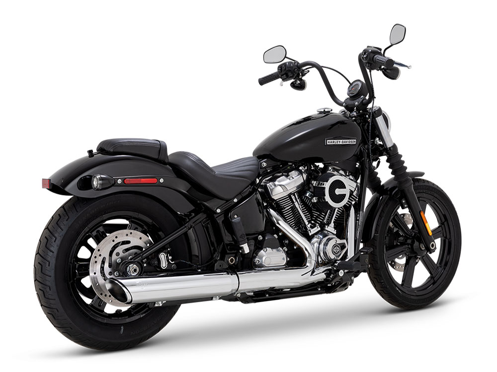 4in. Twin Slash Slip-On Muffler - Chrome. Fits Softail Street Bob, Low Rider S, Low Rider ST & Heritage 2025up Vance and Hines