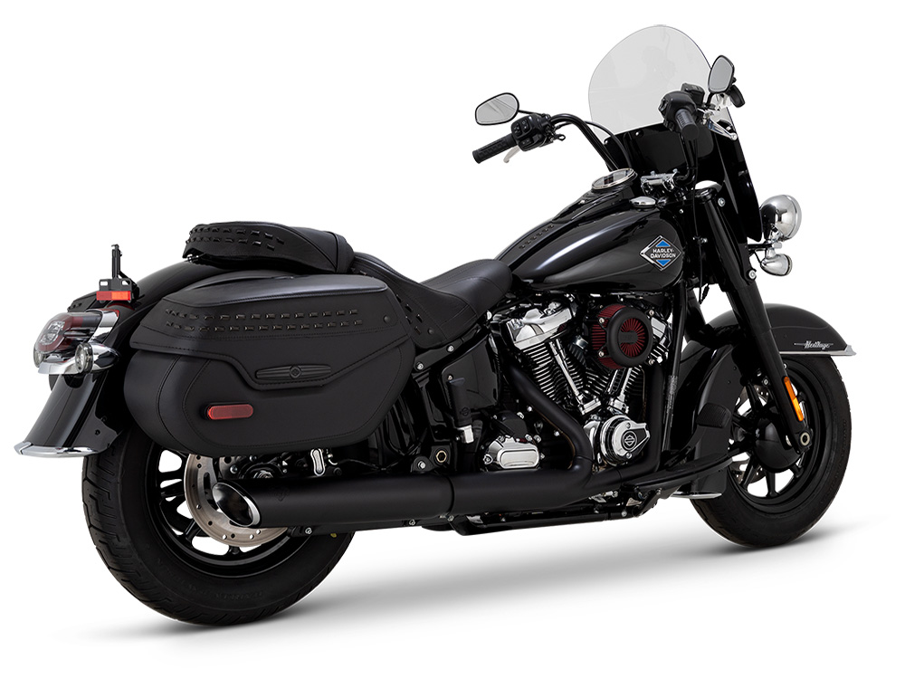 4in. Twin Slash Slip-On Muffler - Black. Fits Softail Street Bob, Low Rider S, Low Rider ST & Heritage 2025up Vance and Hines