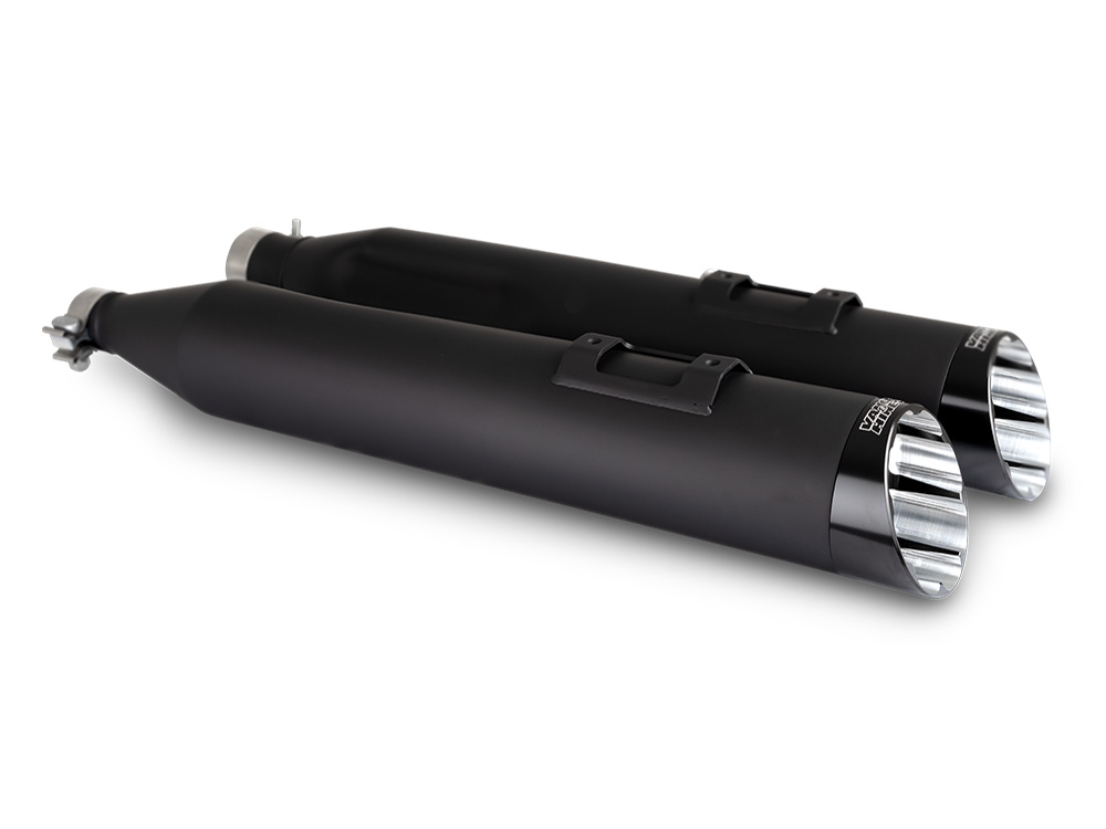4.5in. Razorback Slash Cut Slip-On Mufflers - Black with Black End Caps. Fits Touring 2017up Vance and Hines
